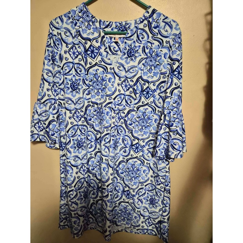 Jude Connally Blue White Tile Print Ruffle Sleeve Shift Dress Womens Small